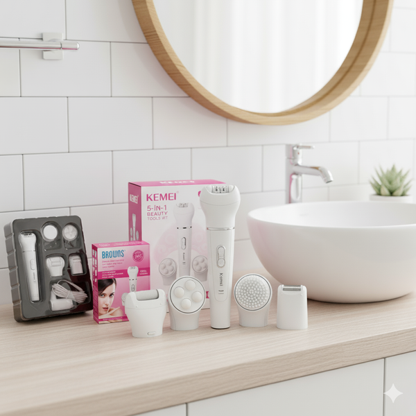 Kemei 5-in-1 Women’s Electric Grooming Kit – Multi-Functional Epilator, Shaver, and Face Cleaning Brush Set