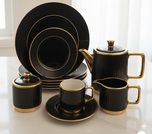 "Luxury Black & Gold Porcelain Dinnerware Set – 12 Piece Elegant Tea & Dining Collection"
