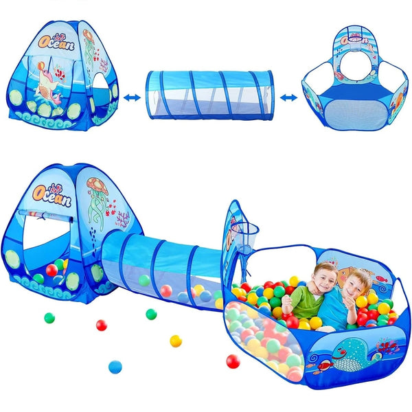 Infantes 3 Pc Ball Pit Kids Tunnel Tent Ocean Blue + Free 50 Balls