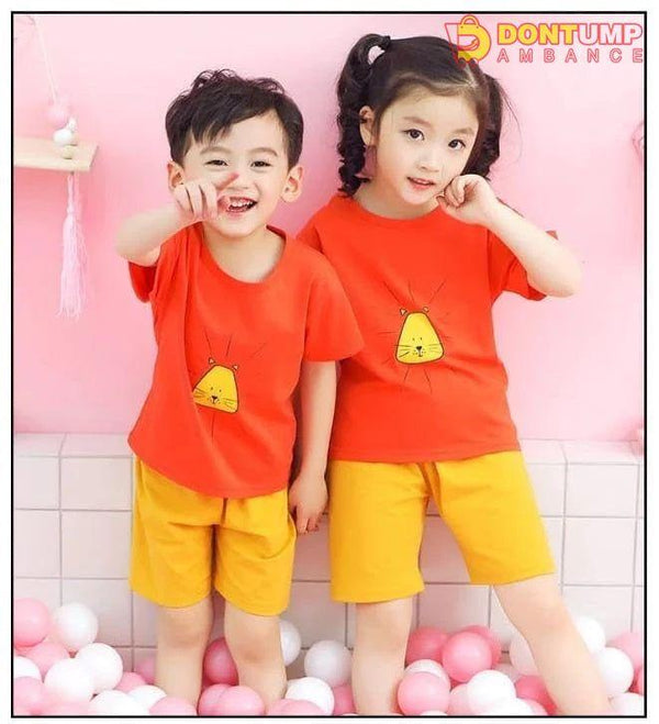 Summer Super Comfy Cotton Breathable T-shirt + Shorts Orange With Yellow Cat Print