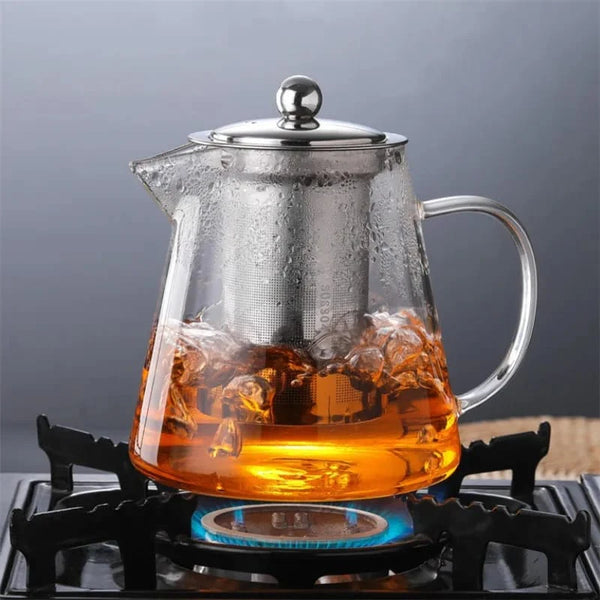 Round Glass Tea Kettle Heat Resistant Tea Pot with Stainless Steel Infuser Strainer for Coffee