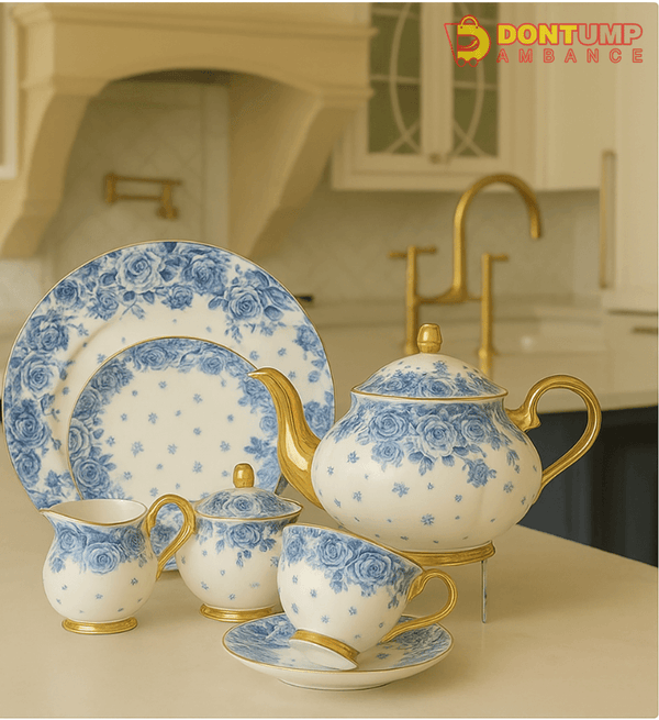 Luxury Blue Floral Porcelain Tea Set with Golden Accents – 6-Piece Elegant Tableware Collection
