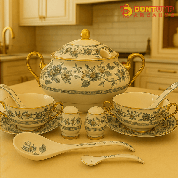 Vintage Floral Porcelain Soup & Tea Set – 9-Piece Elegant Dining Collection with Golden Accents