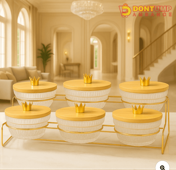 Royal Crown Glass Jar Set – 6-Piece Luxury Storage with Golden Rack