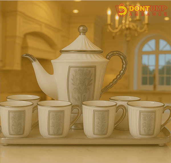 Elegant Embossed Porcelain Tea Set – 7-Piece White & Gray Teapot and Cup Set with Tray