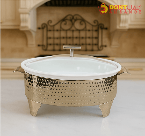 Premium Oval Hammered Stainless Steel Casserole with Glass Lid – Elegant Buffet Server Dish