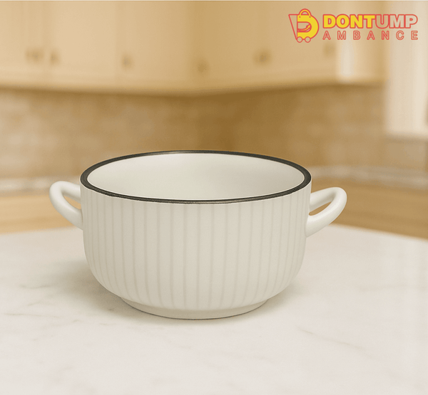 Minimalist White Ribbed Ceramic Bowl with Dual Handles – Elegant Soup & Serving Bowl