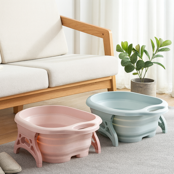 "Collapsible Foot Spa Basin with Raised Stand – Portable Soaking Tub for Relaxing Foot Baths"