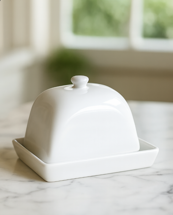 Classic White Ceramic Butter Dish with Lid – Elegant Tabletop Storage for Butter or Cheese