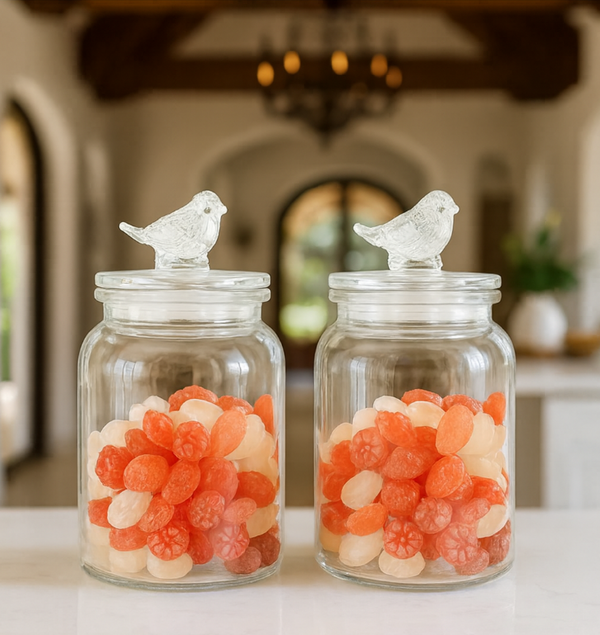 Elegant Glass Candy Storage Jars with Bird Lid – Decorative Kitchen Containers (Set of 2)