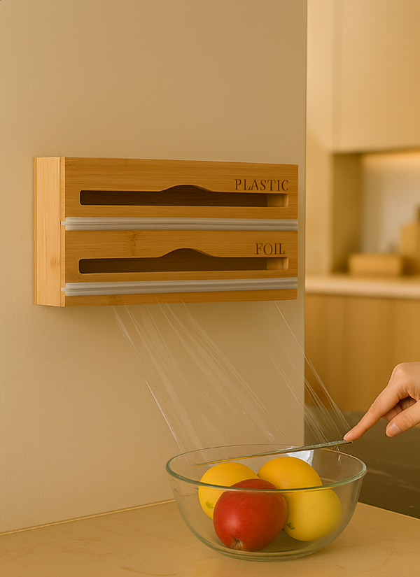 2-in-1 Bamboo Wrap Dispenser with Slider Cutter – Foil, Plastic & Wax Roll Organizer