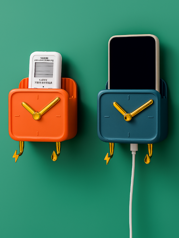 Wall-Mounted Clock Organizer with Hooks – Storage Rack & Phone Holder