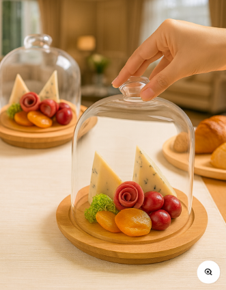 Wooden Cheese Board with Glass Cloche Cover