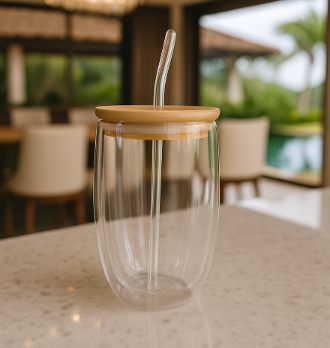 Glass Tumbler with Bamboo Lid and Straw