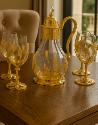 Gilded Leaf-Accented Glass Decanter and Goblet Set