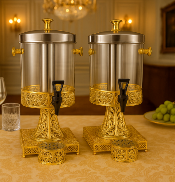 Luxury Double Beverage Dispensers with Ornate Gold Floral Bas