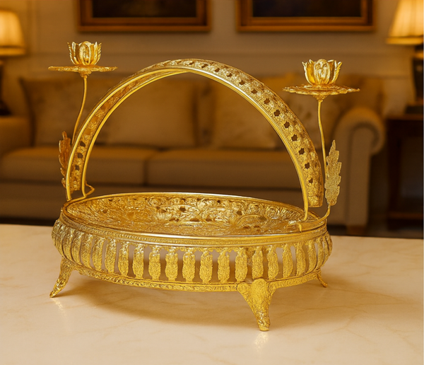 Ornate Gold Candle Holder Basket with Decorative Arch and Lotus Stands