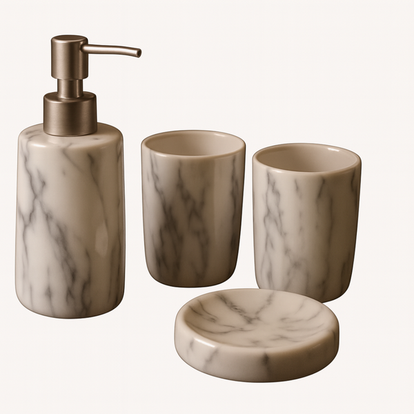 Luxury White Marble Bathroom Accessories Set – 4 Piece Dispenser, Tumblers & Soap Dish