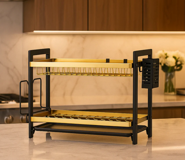Luxury 2-Tier Kitchen Counter Organizer Rack – Gold & Black Metal Storage Shelf