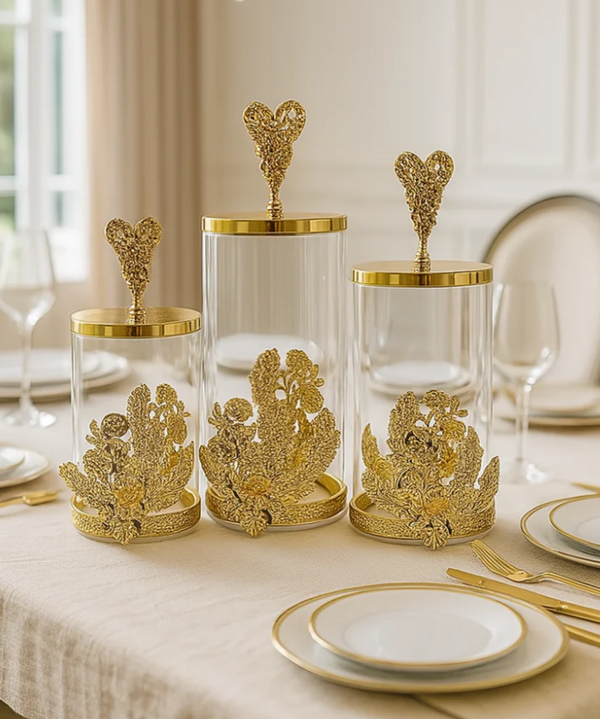Luxury Gold Floral Glass Jar Set – Elegant Decorative Storage Containers