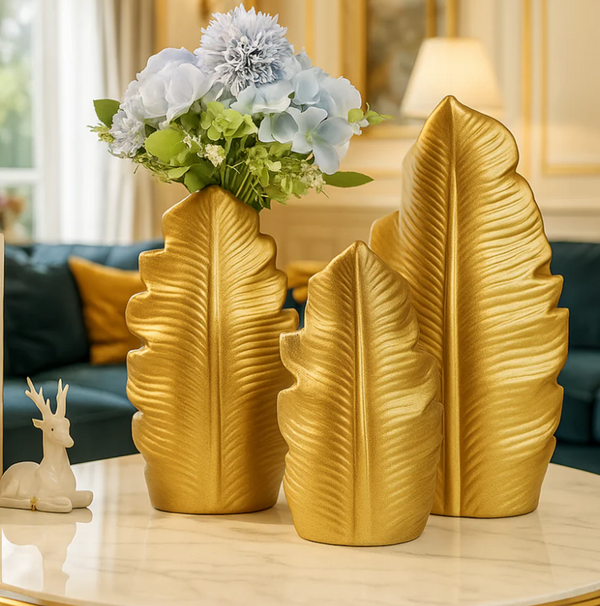Luxury Gold Leaf Vase Set – Elegant Decorative Flower Vases for Home Décor