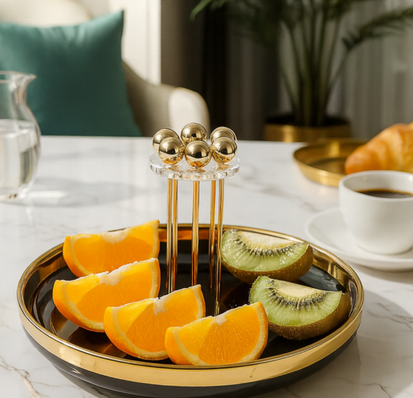 Luxury Fruit Picks with Black & Gold Serving Tray Set – Elegant Tableware for Entertaining