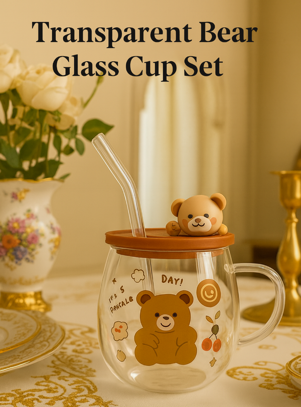 Transparent Bear Glass Cup Set with Lid & Straw – Cute Cartoon Mug for Drinks