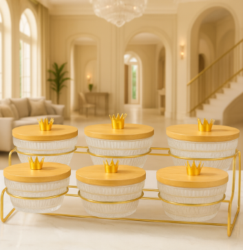 Luxury 6-Piece Glass Canister Set with Crown Lids & Gold Rack