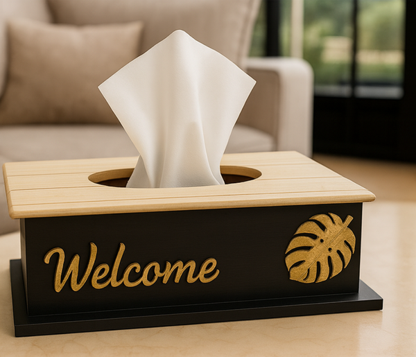 Welcome Wooden Tissue Box Holder – Black & Gold Design