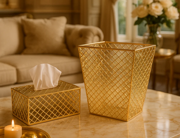 Luxury Gold Mesh Tissue Box & Bin Set