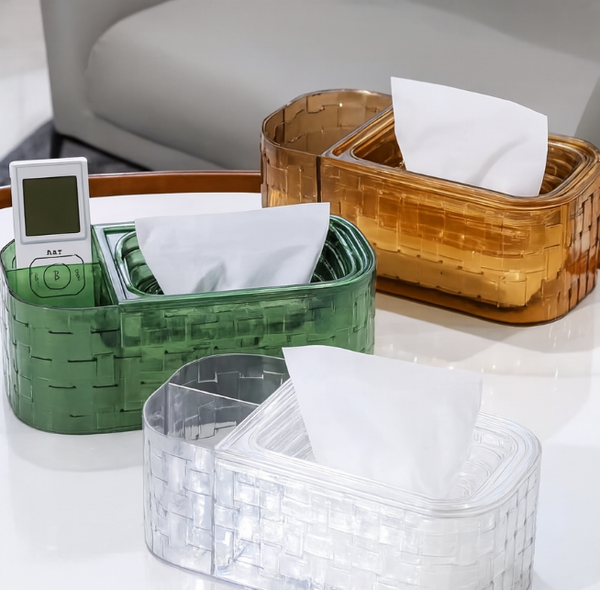 Acrylic Woven Tissue Box Holder with Storage Compartmen