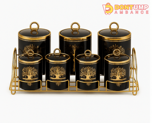 Luxury Black & Gold Kitchen Storage Jar Set with Rack – 6-Piece Canister Collection