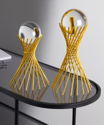 Luxury Crystal Ball Sculpture with Golden Geometric Stand – Set of 2