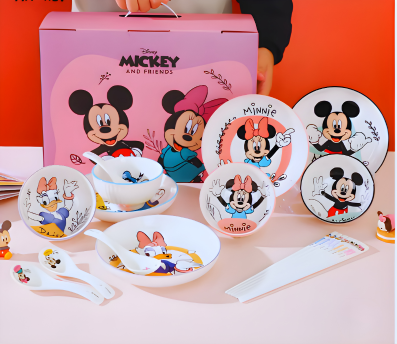 DISNEY 8-PIECS TABLEWARE GIFT SET — INCLUDES CUTE STRIPED BOWLS CHOPSTICKS & CERAMIC PLATES PERFECT FOR KIDS AND DISNEY LOVERS