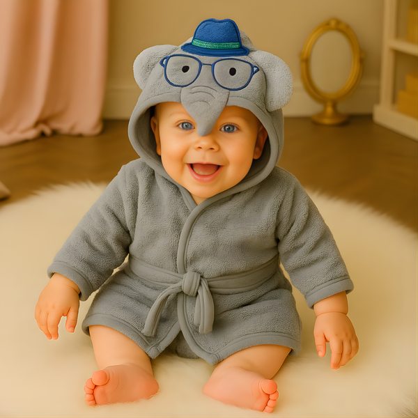 ELEPHANT 6 MONTHS+ BABY ELEPHANT HOODED BATHROBE – SOFT COTTON TOWEL ROBE WITH EARS & HAT DESIGN