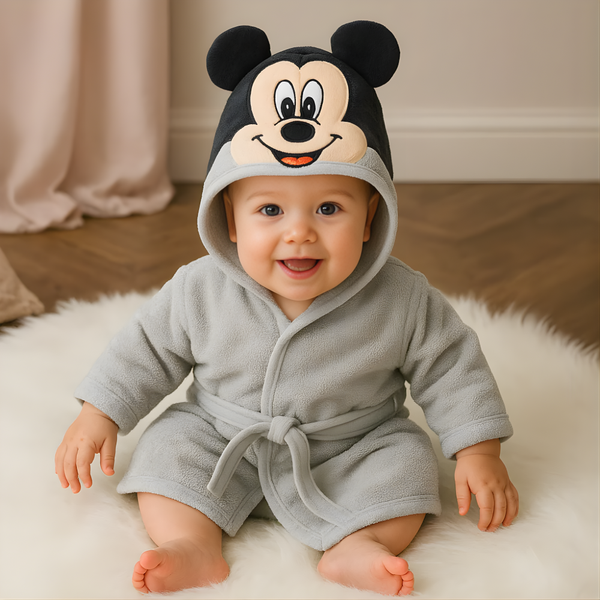 MICKEY MOUSE HOODED BATHROBE FOR 6 MONTHS+ BABY – SOFT COTTON TOWEL ROBE WITH BELT & EARS DESIGN