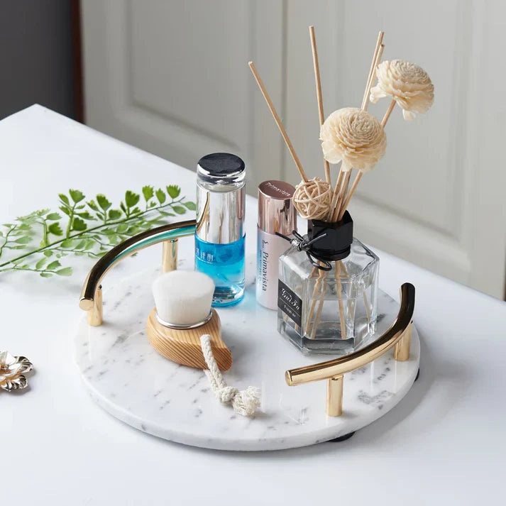 MODERN WHITE MARBLE TRAY WITH GOLD HANDLE