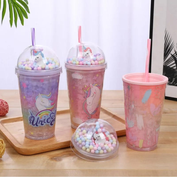 Unicorn Plastic Reusable Water Cup with Lid  and Straw and light (550ml)