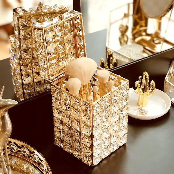 Fashion Golden Crystal Dressing Table Makeup Brush Organizer Pen Holder With Lid