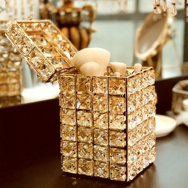 Fashion Golden Crystal Dressing Table Makeup Brush Organizer Pen Holder With Lid