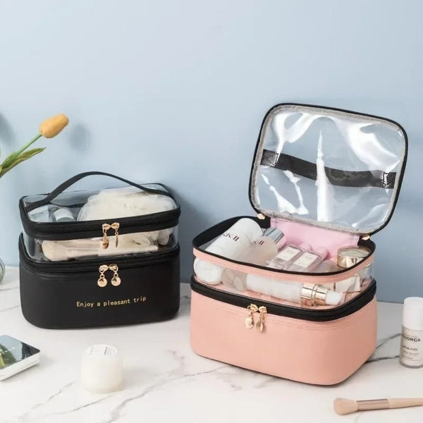 Transparent Portable Waterproof Double Layer Large Travel Makeup Bag Organizer