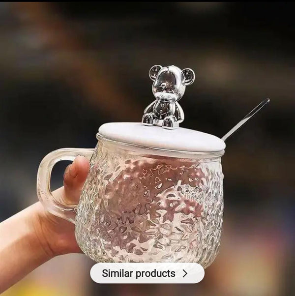 450Ml Cute Mug With Lid Spoon Heat-Resistant Glass Water Cup