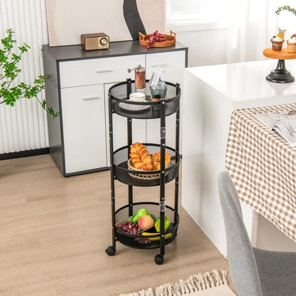 Foldable Storage Cart, 3 Tier Metal Round Utility Trolley