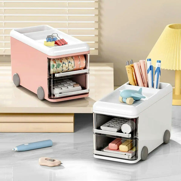 Transparent Ribbed Desktop Storage Box Pencil Container Cute Bus Shape Multifunctional