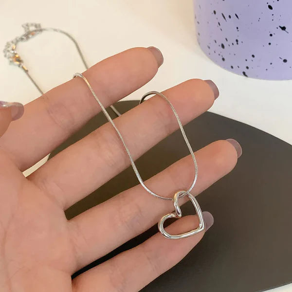 Dainty Silver Open Heart Pendant Necklace