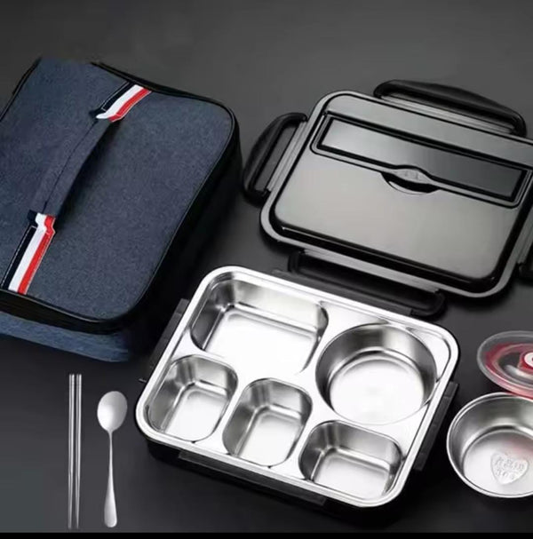 Leak-Resistant Stainless Steel lunch box with 5 compartments  With spoon and sticks