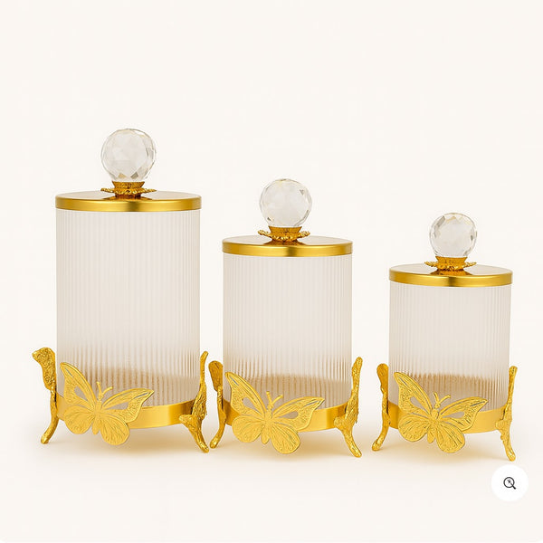 "Luxury Crystal Glass Storage Jars with Golden Butterfly Design – Set of 3"