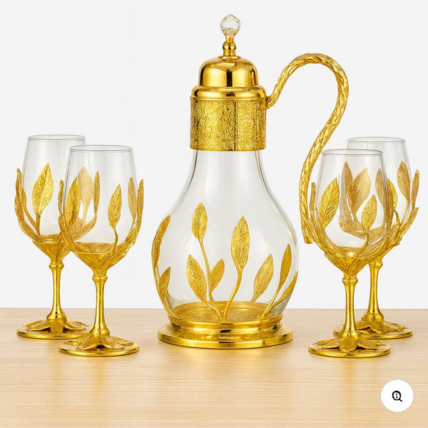 Luxury Golden Leaf Glass Pitcher Set with 4 Matching Wine Glasses"