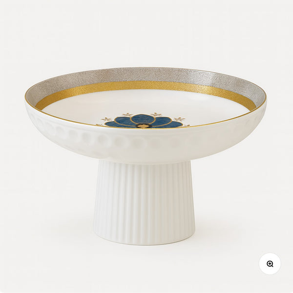 Luxury Ceramic Pedestal Cake Stand with Gold & Blue Floral Design"