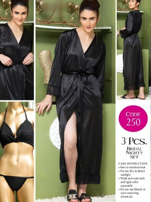Elegant Red 3-Piece Bridal Nighty Set – Satin Sleepwear with Lace Detailing | Luxurious Lingerie & Robe Combo for Women